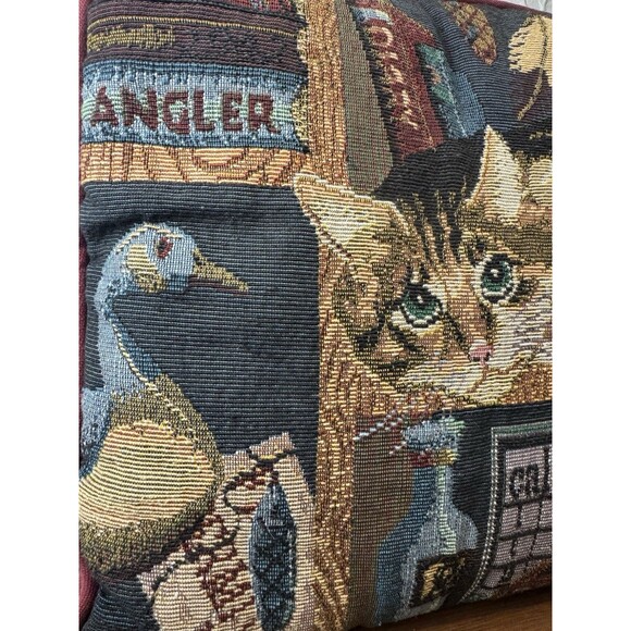 Vtg Cat Kitty Feline Tapestry Needlepoint Library Fish Duck Throw Pillow 12” - Picture 3 of 5